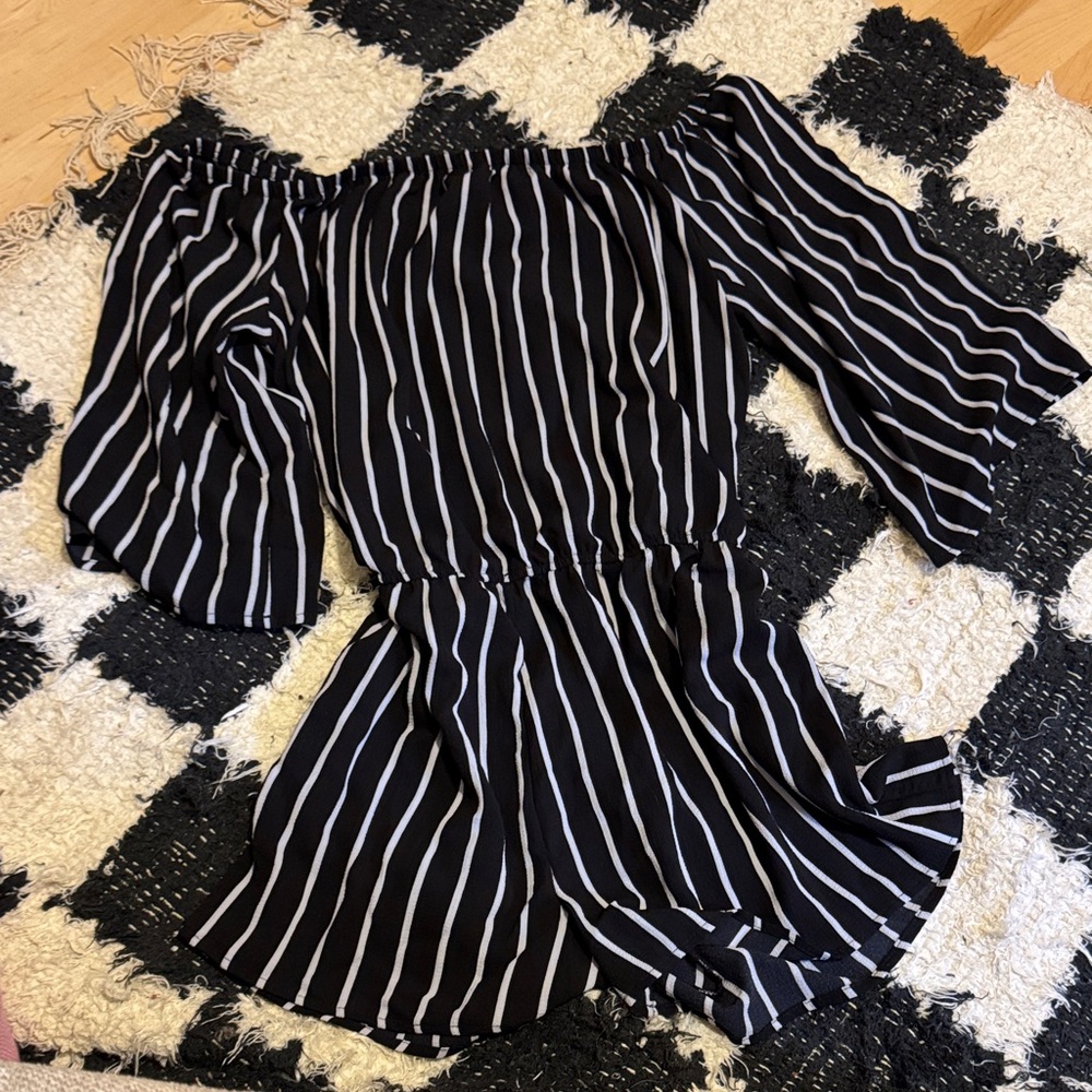 Ambiance Black and White Striped Off-Shoulder Romper